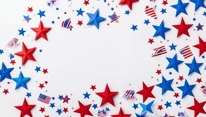 Fototapeta premium 4th of July American Independence Day. Happy Independence Day. Red, blue and white star confetti, paper decorations on white background created with generative ai.