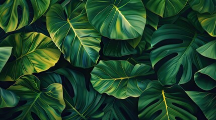 Fototapeta premium Lush tropical green leaves with a natural pattern, providing a vibrant and fresh foliage background for nature lovers and design enthusiasts.