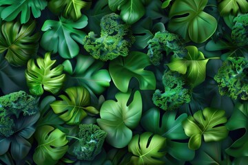 Lush green tropical leaves forming a vibrant, textured background, perfect for nature-themed projects and designs.