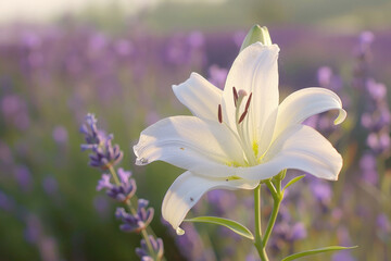 Fototapeta premium Elegant White Lily in French Countryside with Lavender Fields