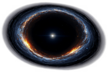 A striking computer-generated illustration of a black hole surrounded by glowing matter on a transparent, white background, ideal for png