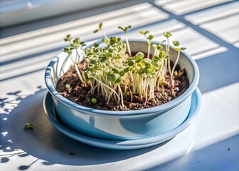 Microgreens in a pot on a window