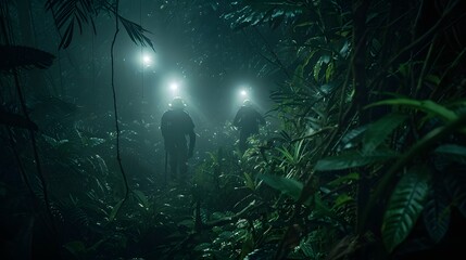 Amidst the dense foliage of a tropical mountainside, rescuers navigate a narrow path, their headlamps casting beams of light through the thick underbrush.