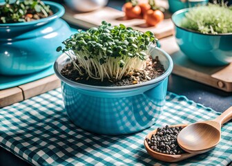 microgreens in a pot on a table with seeds and wooden spoon near