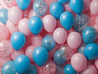 a bunch of pink and blue balloons with a star on the top