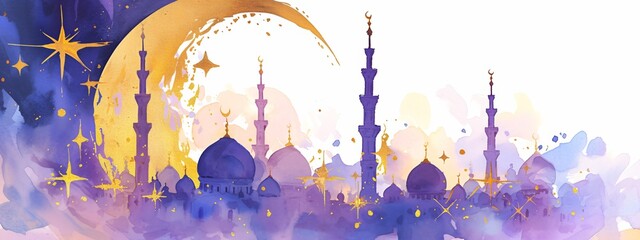 Panorama view of Taj Mahal at starry night. Night ancient arab city in desert, east architecture in oasis. Happy Independence Day of India. Travel and tourism concept. Watercolor illustration