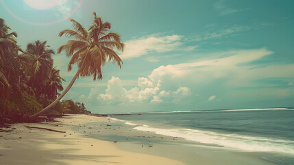 Tropical sandy ocean beach with palm trees vintage toned with film distress flare © john