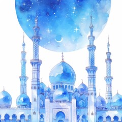 Panorama view of Taj Mahal at starry night. Night ancient arab city in desert, east architecture in oasis. Happy Independence Day of India. Travel and tourism concept. Watercolor illustration