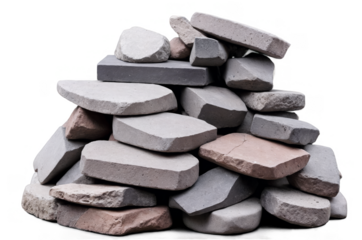 A stack of gray bricks of different shapes and sizes on a transparent, white background, png, conveying construction