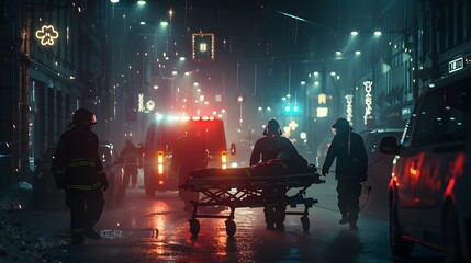 A stretcher, illuminated by the flashing lights of emergency vehicles, is carried by a team of paramedics through a dense urban landscape. Their urgent mission is a testament to humanity resilience