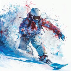 Dynamic action shot of a snowboarder carving through fresh powder, creating an explosion of snow and color in the mountain landscape.