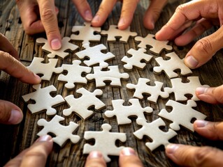 Abstract watercolor illustration of large puzzles connected together with figures of people Concept: teamwork, cooperation, problem solving