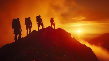 A rescue team, silhouetted against a fiery sunrise atop a dangerous mountain peak, prepares for a daring ascent. Each climber embodies the courage and determination required to reach new heights.