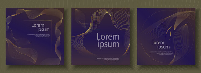 Deep blue Golden Luxury square invitation card background set. Abstract geometric shape, gold line dark background. Premium design for gala card, grand opening, party invitation, layout, templates
