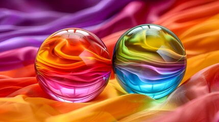Two vibrant glass spheres sit on a colorful, flowing fabric with a rainbow gradient background, creating a lively and dynamic scene.