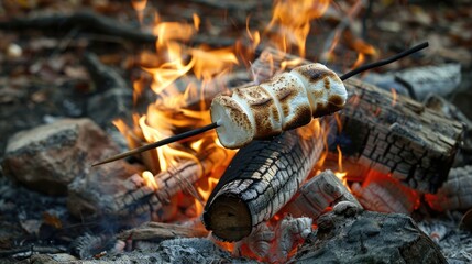 Roasted marshmallow on skewer over a campfire ready to eat sweet treat for outdoors