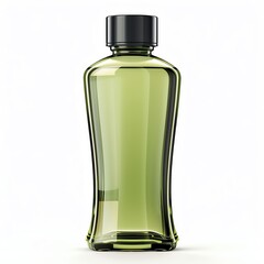Green frosted glass bottle with black cap, isolated on white background. Ideal for packaging and branding concepts.
