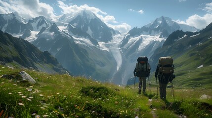Fototapeta premium Against a backdrop of alpine meadows and snow-capped peaks, a rescue team treks through pristine wilderness, their backpacks laden with supplies and equipment.