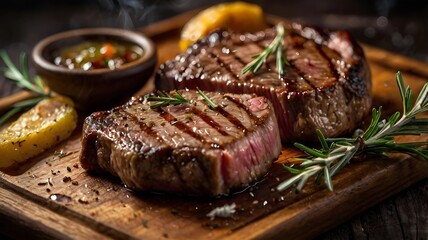 blurred background, grilled meat, steak, crispy on the outside. Cut into pieces and the meat inside is not yet cooked. There's runny water coming out. Garnish with rosemary. Placed in an old wooden cu