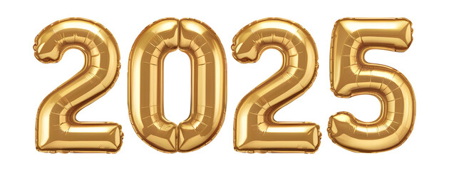 Happy New Year 2025, Beautiful 2025 Numbers Made of Luxury Golden Balloons on a Transparent Background. High Quality PNG Image for Websites, Backgrounds, Posters, and More
