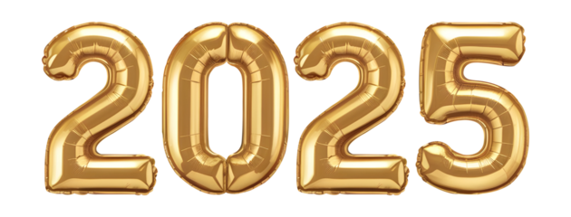 Happy New Year 2025, Beautiful 2025 Numbers Made of Luxury Golden Balloons on a Transparent Background. High Quality PNG Image for Websites, Backgrounds, Posters, and More