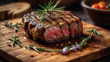 blurred background, grilled meat, steak, crispy on the outside. Cut into pieces and the meat inside is not yet cooked. There's runny water coming out. Garnish with rosemary. Placed in an old wooden cu