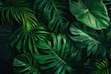 Fototapeta na wymiar Lush green tropical foliage with various types of leaves, creating an exotic and vibrant natural background.