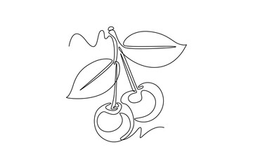 Continuous one line drawing whole healthy organic sweet freshness cherries for orchard logo identity. Fresh fruitage concept for fruit garden icon. Single line draw design vector graphic illustration