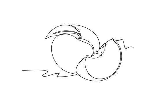 Single one line drawing whole and sliced healthy organic peach for orchard logo identity. Fresh fruitage concept for fruit garden icon. Modern continuous line draw design graphic vector illustration
