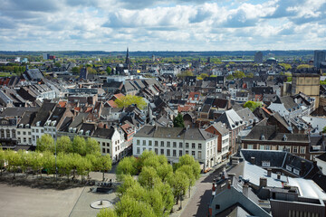City panorama from above shows old houses of Maastricht downtown