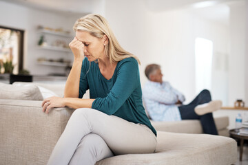 Couch, couple and fight in home for annoyed, divorce or married people for argument. Disagreement,...