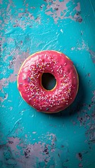 Pink Frosted Donut with Sprinkles on a Distressed Blue Background