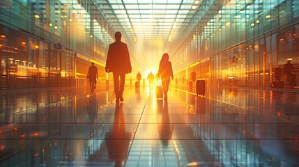 Silhouettes of people walking through a bright, modern hallway