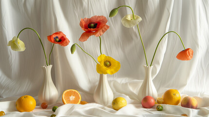 Poppies in Vases with Fruits on White Fabric Background