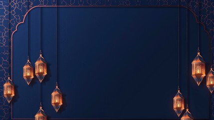  artistic Ramadan banner showcasing Islamic patterns and lanterns illuminated in the midst of a rich blue atmosphere, Intricate golden geometry for Islamic greeting backdrop Flat design