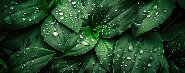 Fototapeta premium Close-up of fresh green leaves covered in water droplets, showcasing nature's beauty and freshness after rain.