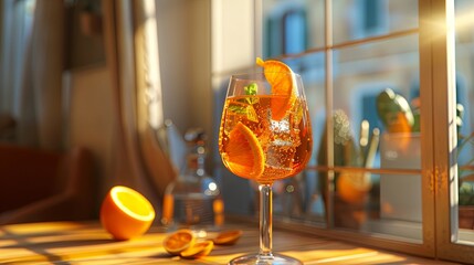 Glass of Aperol spritz cocktail with fresh oranges near the window. natural light and shadows