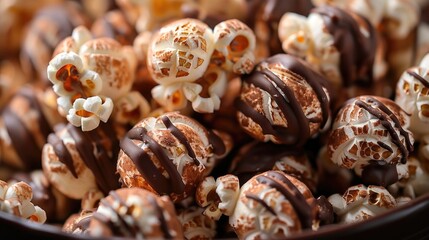 A close-up of caramel popcorn drizzled with chocolate, perfect for a sweet and indulgent snack