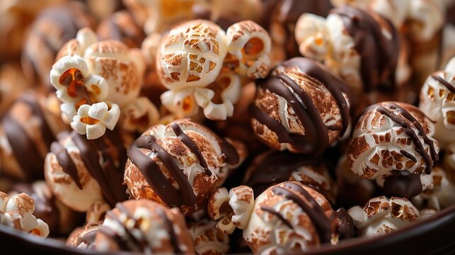 A close-up of caramel popcorn drizzled with chocolate, perfect for a sweet and indulgent snack