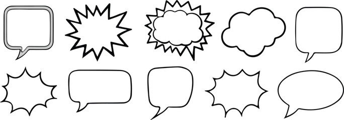 Empty comic speech bubbles set, Black border, Retro blank dialog boxes, Vintage vector graphic clipart