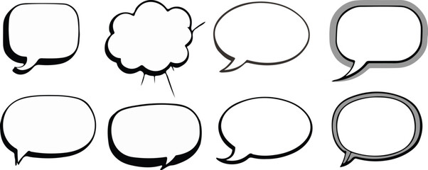 Minimal Empty comic speech bubbles set, Black border, Retro blank dialog boxes, Vintage vector graphic clipart