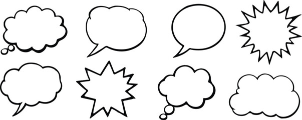 Minimal Empty comic speech bubbles set, Black border, Classic blank dialog boxes, Vintage vector graphic clipart
