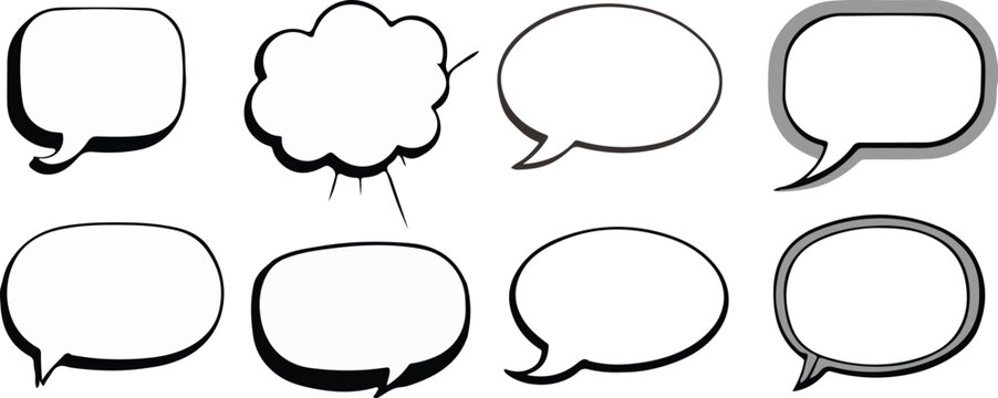 Minimal Empty comic speech bubbles set, Black border, Retro blank dialog boxes, Vintage vector graphic clipart