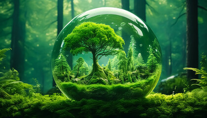 ECOSISTEMA EN ESFERA DE CRISTAL RODEADO DE BOSQUE 