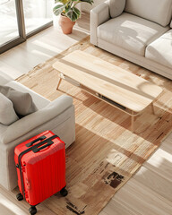suitcase in a modern living room top view