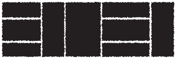 Set of torn paper frames. Black vector collage shape of ripped paper silhouettes isolated on a white background. Old vintage paper backgrounds. Abstract overlay scratched design. Vector illustration