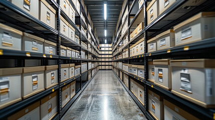 Obraz premium Indoor storage details in a manufacturing enterprise, black shelves with white office boxes.