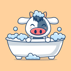 Vector cartoon cute cow bathing in bathtub filled with foam