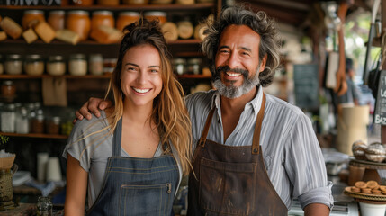 Cheerful business owners standing with open blackboard.