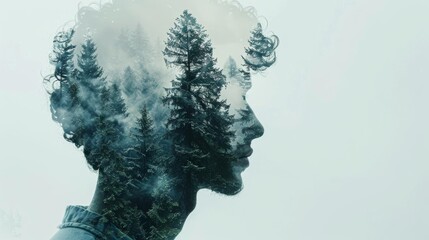 Double exposure of a man s profile with a forest, isolated on white, symbolizing inner peace and connection with nature, copy space